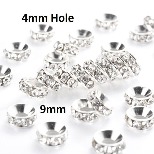 BD609 - 10 pcs Silver Plated Clear Rhinestone Rondelle Spacer Beads - 9mm x 4mm - Grade A - Hole Size: 4mm - Crystal - Straight Edges