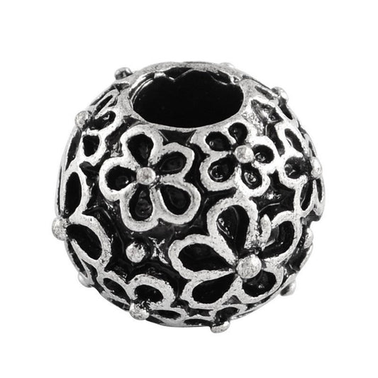 BD793 - 25 pcs Antique Silver Tone Flower METAL Ball Spacer Beads - 12mm - Large Hole: 4.5mm - Fits European Cords and Paracord! $5.45