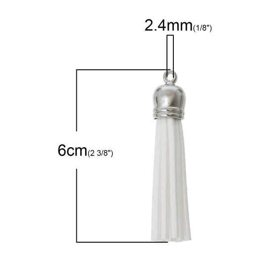 P573 - 10 pcs. White Faux Suede Tassel Dangle Charms Pendants - Silver Tone - 6cm (2 3/8") x 1.2cm (1/2") - Great for Light Earrings &amp; Dangles