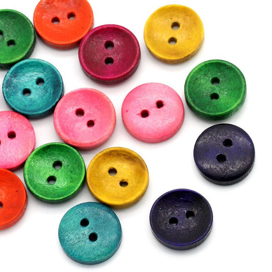 BU014 - 100 pcs Assortment of Wood Buttons (Mix of colors)- 15mm (1.5cm) - 2 holes
