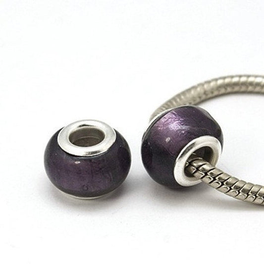 BD636 - 10 pcs. Silver Plated Purple Foil Rondelle Shape Lampwork Bead - Fits European Cords and Paracord - Large Hole: 5mm