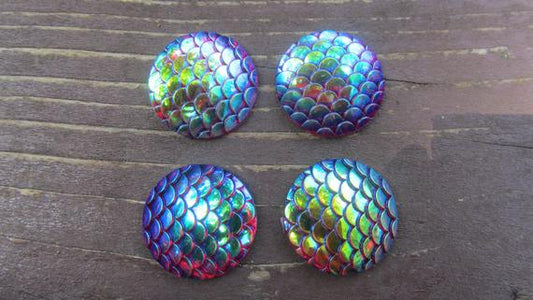 CA464 - 5 pcs Mermaid Fish Scales Resin Carved Embellishment Cabochons Dark Red Multicolor - 25mm (1 in)