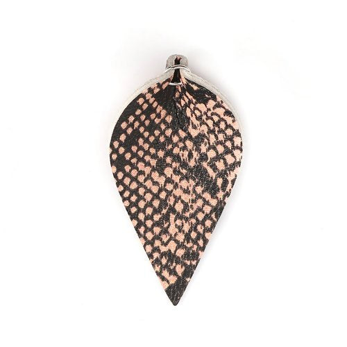 P225 - 10 pcs. Snake Skin Faux Leather Dangle Charms Pendants - Pinch Leaf - Beige Black - Silver Tone Jump Ring - 62mm (2.5") - Double Sided