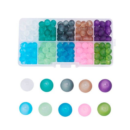 BD721 - 100 Beads - 10mm Assortment Box of Glass Frosted Round Beads - Hole Size: 1.3mm - 10 Colors! Set 3