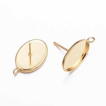 E395 - 10 pcs. 304 Stainless Steel Golden Earring Tacks Posts Studs Settings Bezels Cabochons with Loop - Oval - 14mm x 10mm Glue Pad Setting