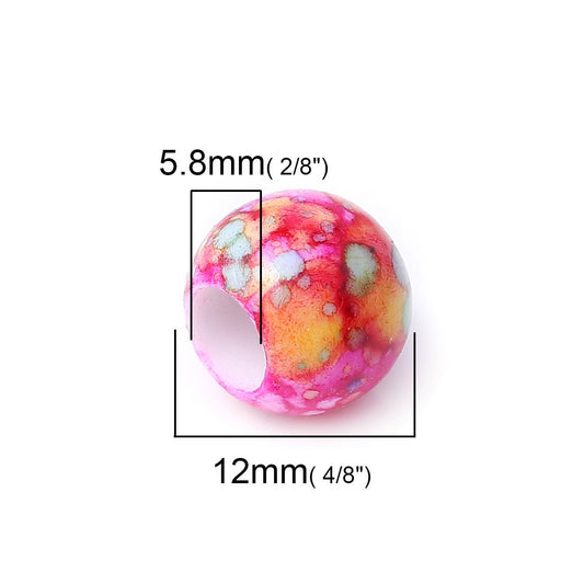 BD736 - 	 100 pcs Acrylic Assortment of Colors Smooth Ball Spacer Beads - 12mm - Large Hole: 5.8mm - Blotchy Style - Fits European Cords and Paracord!