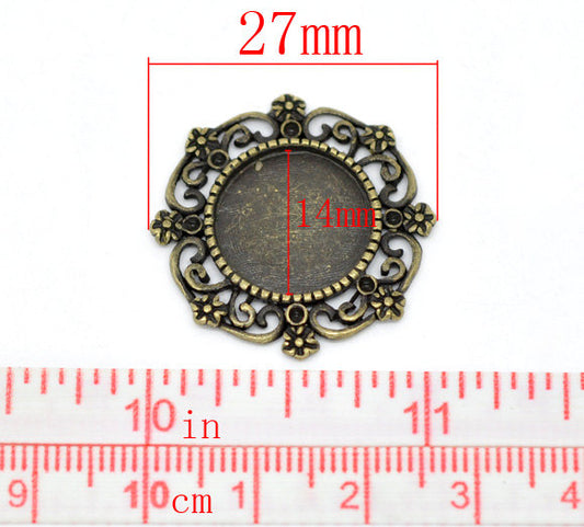 P449 - 10 pcs. Antique Bronze Cameo Bezel Pendant Circle Settings Trays Cabochons - 14mm Glue Pad Setting (0.55") - 27mm (1.06")