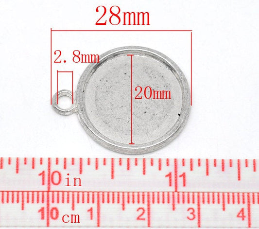 P506A - 20pcs. Antique Silver Circle Round Bezel Cabochon Pendant Tags Trays - 20mm Glue Pad Settings
