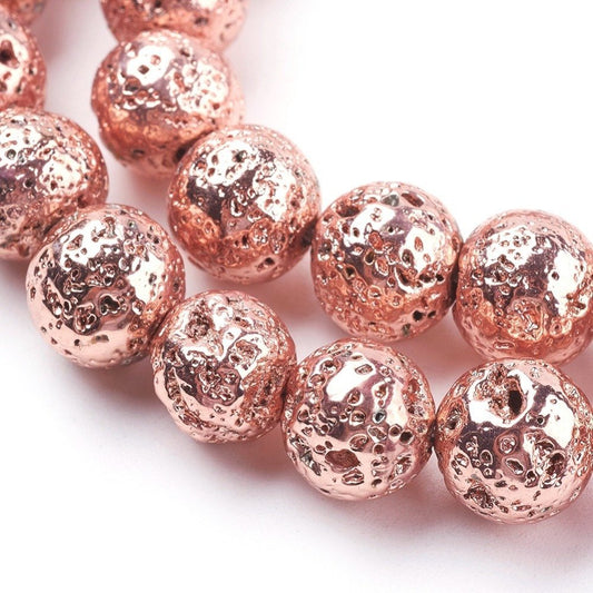 BD504 - 10mm Electroplated Natural Stone Lava Round Beads - Rose Gold Plated - 15.35" strand - Hole Size: 1.5mm - Approx. 38 pieces per strand