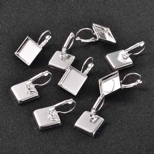 E609 - 8 pcs. Silver Plated Earring Clips Settings Lever Back Bezels Cabochons - 15mm Glue Pad Setting - Square