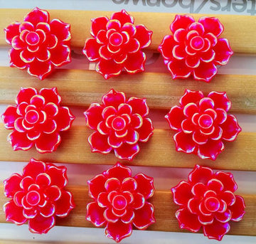CA996 - 10 pcs (5 Pairs) Resin Cabochons - 18mm - Flower Design - Red with Multicolor Edges - Flat Back