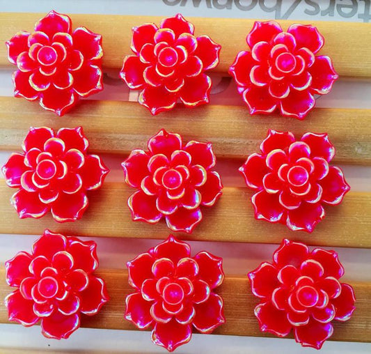 CA996 - 10 pcs (5 Pairs) Resin Cabochons - 18mm - Flower Design - Red with Multicolor Edges - Flat Back