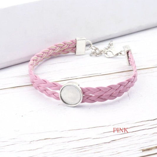 B069 - 2 pcs. Light Pink Faux Leather Bracelets with 12mm Glue Pad Bezel Trays and Extender Chains - Adjustable from 7" to 9" - Double Braided Cord