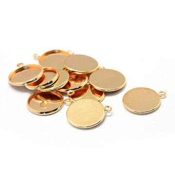 P016 - 10 pcs. Golden Pendant Circle Posts Settings Bezels Trays Cabochons - 16mm Glue Pad Setting - Made of Copper!