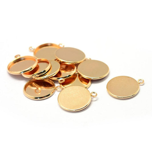 P016 - 10 pcs. Golden Pendant Circle Posts Settings Bezels Trays Cabochons - 16mm Glue Pad Setting - Made of Copper!