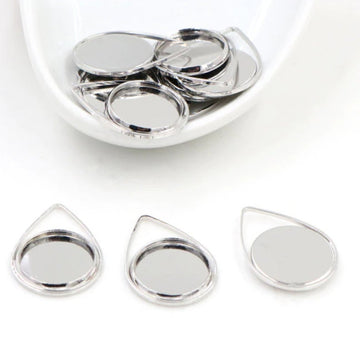 MP0020 - 10 pcs. Silver Tone Pendant Circle Posts Settings Bezels Tray Cabochons - 12mm Glue Pad Setting - Teardrop