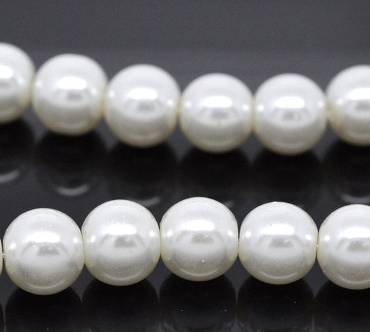 BD102 - 10mm White Glass Pearl Imitation Round Beads - 16 inch strand