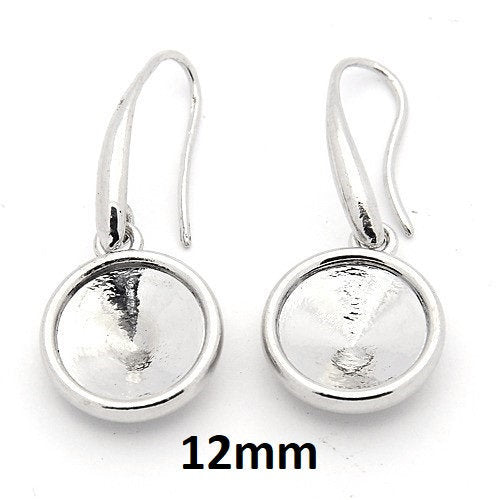 E713 - 10 pcs. Antique Silver Tone Earring Dangle Hooks Settings Bezels Cabochons - 12mm Glue Pad Setting - Cone Pointed Back Design