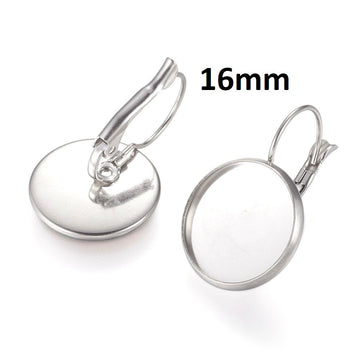 E384 - 10 pcs. 304 Stainless Steel Earring Clips Settings Lever Back Bezels Cabochons - 16mm Glue Pad Setting