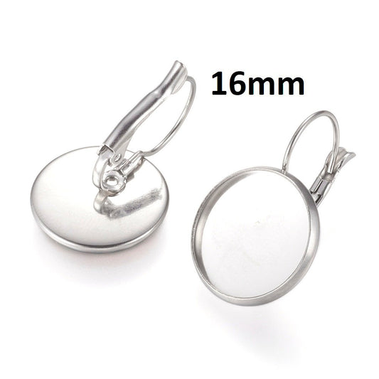 E384 - 10 pcs. 304 Stainless Steel Earring Clips Settings Lever Back Bezels Cabochons - 16mm Glue Pad Setting