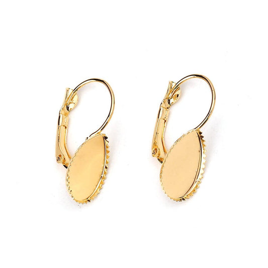 E727 - 10 pcs. (5 pairs) Gold Plated Flat Teardrop Earring Clips Settings Lever Back Bezels Cabochons - 14mm x 10mm Glue Pad Setting - Drop