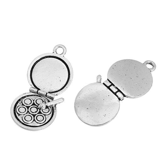 P338 - 5 pcs. Antique Silver Make Up Compact Charms Pendants - 33mm X 16mm (1 1/4" x 5/8") - 3D Style!