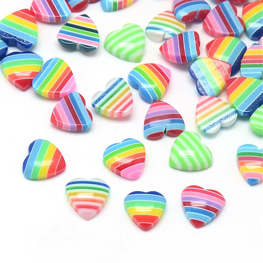 CA443 - 40 pcs Resin Embellishment Cabochons Rainbow Stripes - 10mm - Heart - Assortment