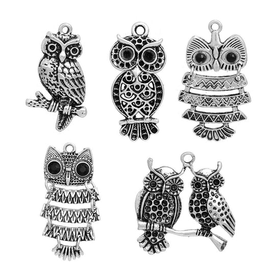 P608 - 5pcs. Antique Silver Owl Assortment Charms Pendants - 37mm (1.46") - LARGE