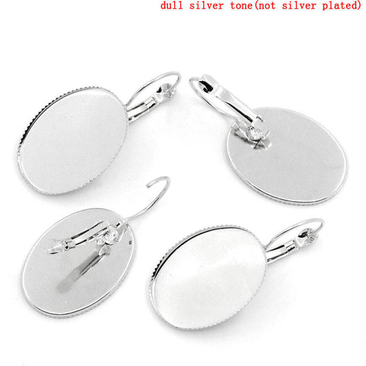 E310 - 10 pcs. Silver Tone Earring Clips Settings Lever Back Bezels Cabochons - 25mm x 18mm Glue Pad Setting - Oval - 25x18mm - 18x25mm