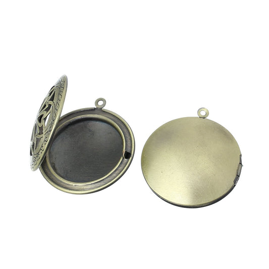 P807A - 1 piece Antique Bronze Carved Round Perfume Diffuser Pendant Photo Picture Locket Box - 36mm X 33mm - Fits 24mm Image