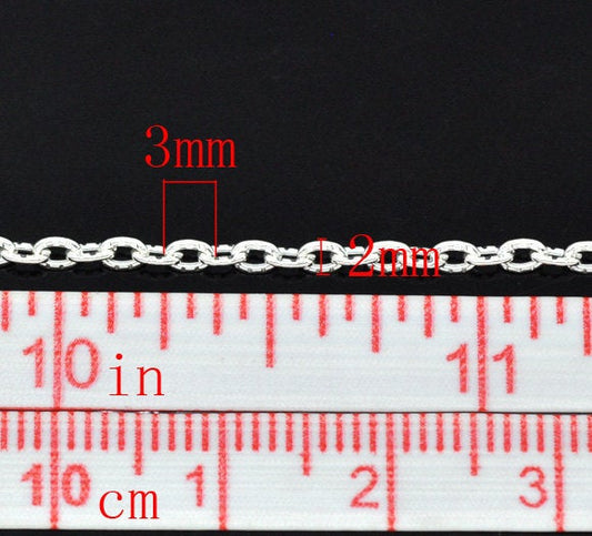 N129 - 10M (32.8 Ft) - Silver Plated Chain Link - 3mm x 2mm - Textured