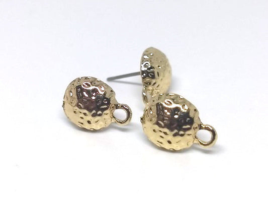 E425 - 10 pcs. (5 pairs) Golden Earring Posts/Bases/Studs/Settings - Hammered Style - Half Round - 10mm Diameter- 13mm with Loop - Hole Size: 1.8mm