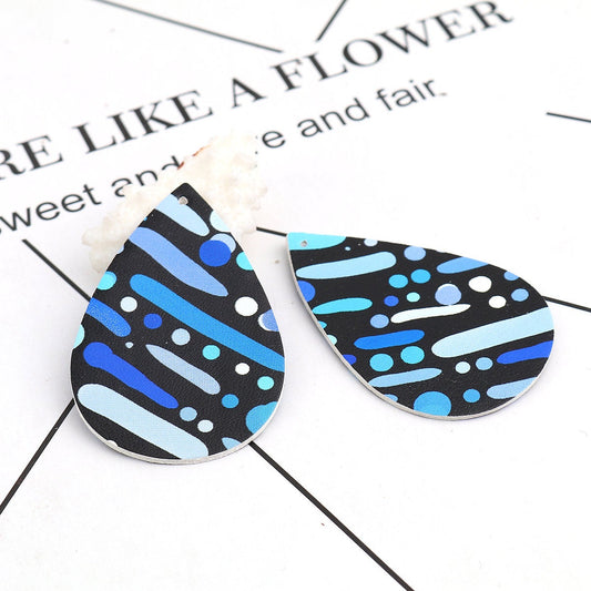 P1042 - 10 pcs. Black and Blue Stripe Dot Faux Leather Dangle Charms Pendants - Teardrop - 56mm (2.2") - Great for Earrings! Double Sided