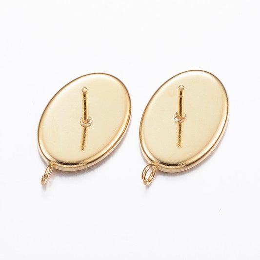 E395 - 10 pcs. 304 Stainless Steel Golden Earring Tacks Posts Studs Settings Bezels Cabochons with Loop - Oval - 14mm x 10mm Glue Pad Setting