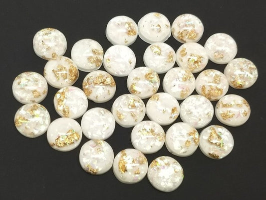 CA968 - 10 pcs Resin Round Embellishment Circle Cabochons Metal Foil White, Gold - 10mm - Multi-Color Glitter