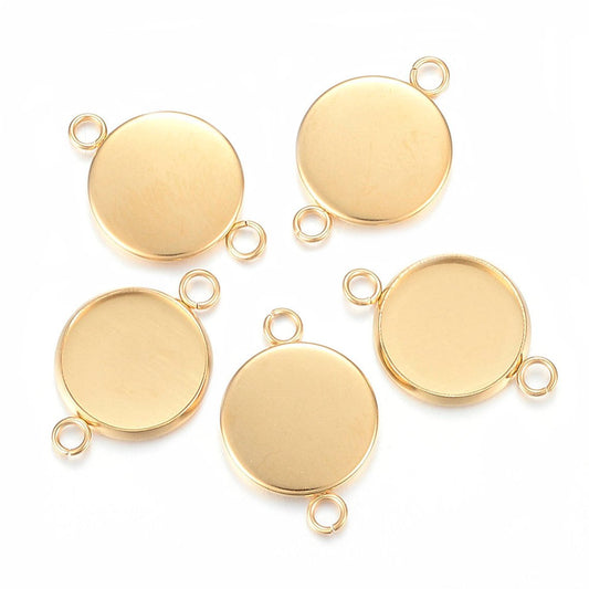 P017 - 5 pcs. 304 Stainless Steel Golden Circle Round Bezel Cabochon Cameo Connector Tags Trays - 20mm Glue Pad - Tarnish Resistant!