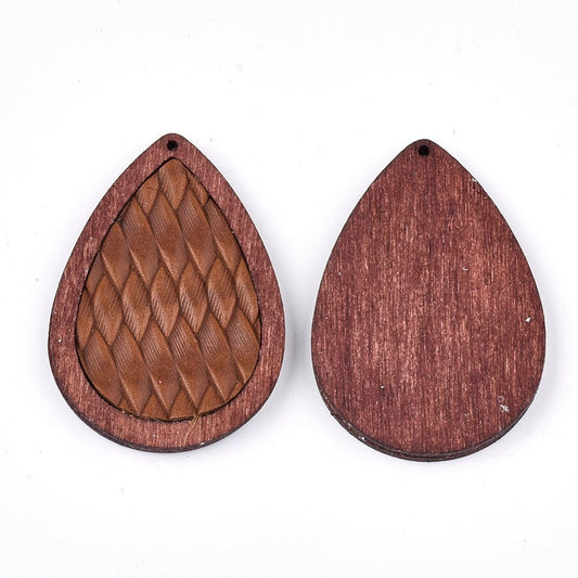 P2105 - 4 pcs. Brown REAL Leather Cowhide over Wood Dangle Pendants - Rattan - Teardrop - 46mm (1.81") - Great for Earrings or Dangles!