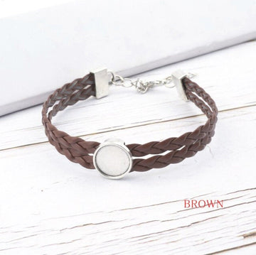 B070 - 2 pcs Light Brown Faux Leather Bracelets with 12mm Glue Pad Bezel Trays and Extender Chains - Adjustable from 7" to 9" - Double Braided Cord