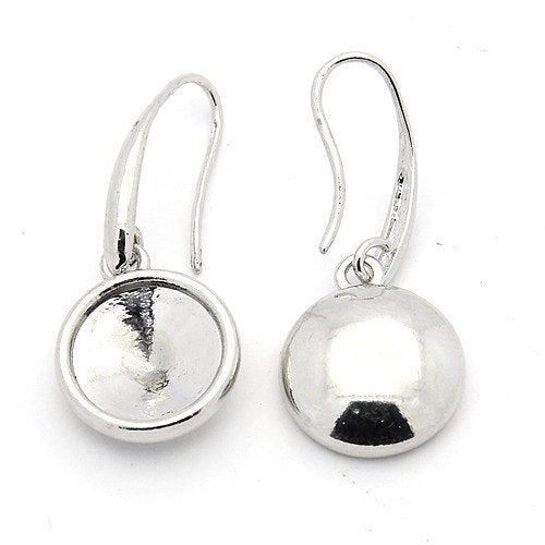 E713 - 10 pcs. Antique Silver Tone Earring Dangle Hooks Settings Bezels Cabochons - 12mm Glue Pad Setting - Cone Pointed Back Design