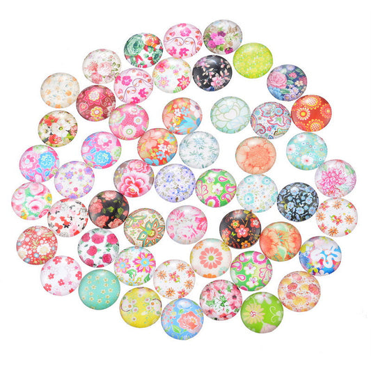 10 pcs Circle Flowers Glass Round Dome Seals Tiles Cabochons - 12mm (1/2 in) - Assortment of Designs - Flower Pattern A