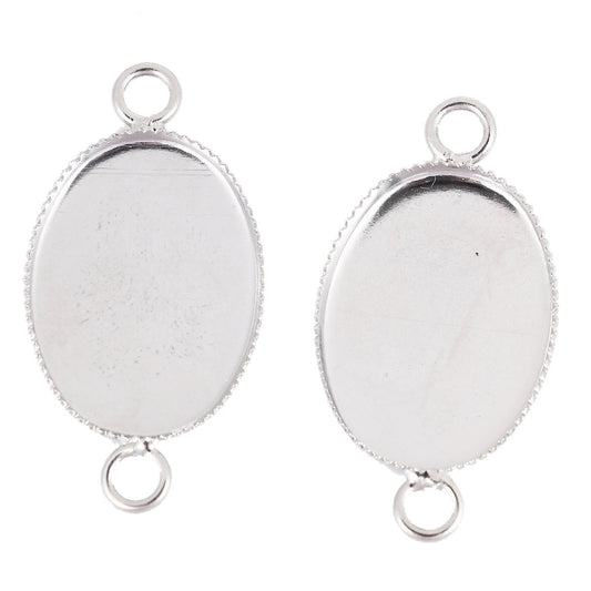 P574 - 10 pcs. Silver Tone Oval Bezel Cabochon Cameo Connector Tags Trays - 18mm x 13mm Glue Pad - 18x13mm