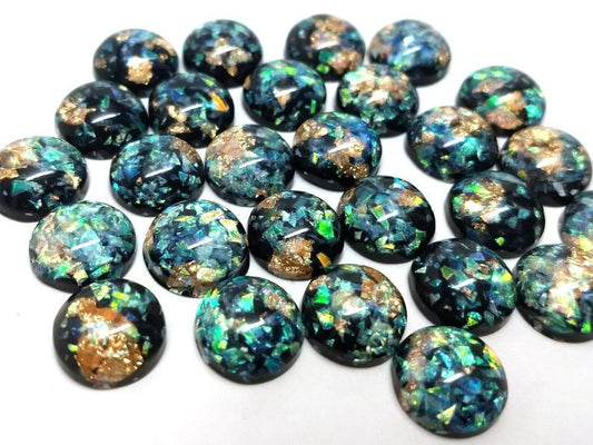 CA920 - 10 pcs Resin Round Embellishment Circle Cabochons Metal Foil Black, Green, Gold - 12mm - Multi-Color Glitter