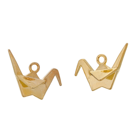 P993 - 10 pcs. Gold Plated 3D Origami Crane Charms Pendants - 27mm x 20mm - Double Sided!