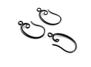 E522 - 10 pcs (5 pairs) Black Plated Earring Hooks with Loop Hole - 19mm x 11mm - Earwire - Filigree Swirl Design