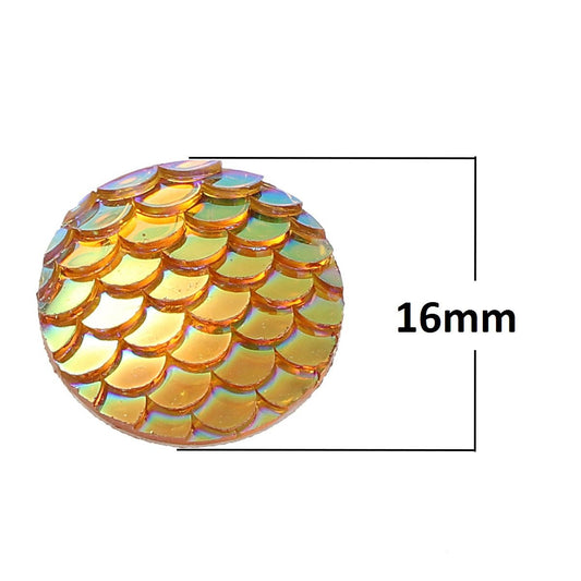 CA444 - 10 pcs Mermaid Fish Scales Resin Carved Embellishment Cabochons Orange AB - 16mm (5/8 in)