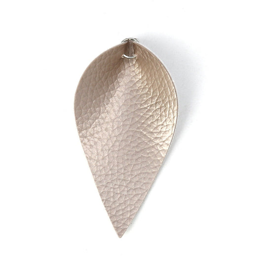 P643A - 4 pcs. Champagne Faux Leather Dangle Charms Pendants - Pinch Leaf - Silver Tone Jump Ring - 63mm (2.5") - Great for Earrings or Dangles