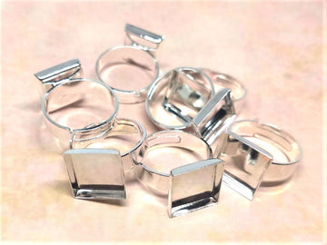 RB029 - 10 pcs. Silver Plated ADJUSTABLE Cabochon Setting Bezel RING bases settings - Glue Pad 12mm - Square