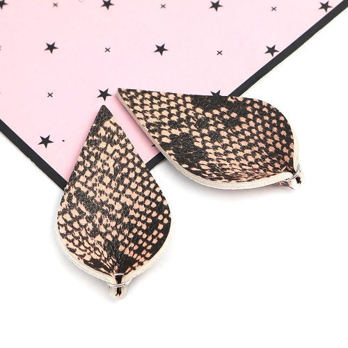 P225 - 10 pcs. Snake Skin Faux Leather Dangle Charms Pendants - Pinch Leaf - Beige Black - Silver Tone Jump Ring - 62mm (2.5") - Double Sided