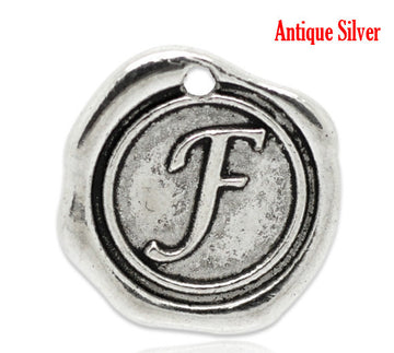 P074 - 5pcs. Antique Silver LARGE Letter "F" Alphabet Letter - 18mm x18mm - Wax Design