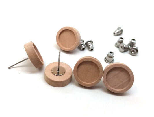 E491 - 10 pcs. Stainless Iron Earring Posts Studs Settings Bezels Cabochons Tacks - 10mm Glue Pad Setting - Silver Tone - Wood Bezel - Metal Backs